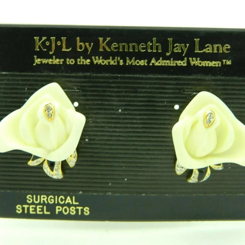 Beige Lucite Rose Flower Enamel Rhinestones Post